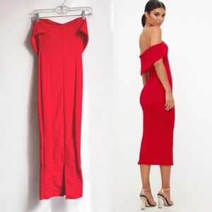 NWT Pretty Little Thing Red Strapless Off-The-Shoulder Bodycon Midi Dress XS